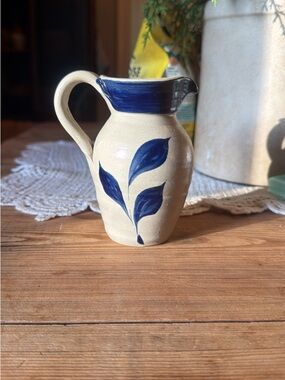 Williamsburg Pottery Cobalt Blue Leaf Pitcher 6” Vintage